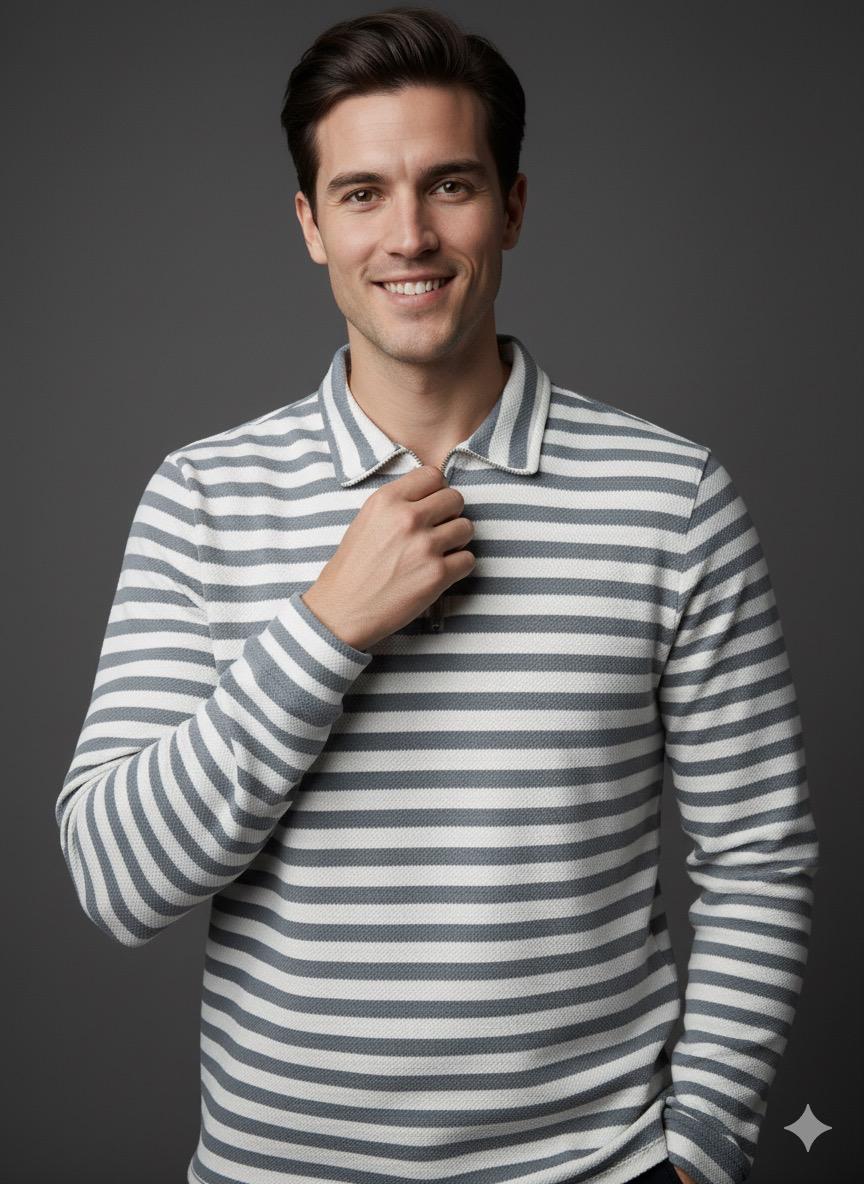 Old Money Men's Zipped Grey Striped Textured Sweat Shirt - button & threads