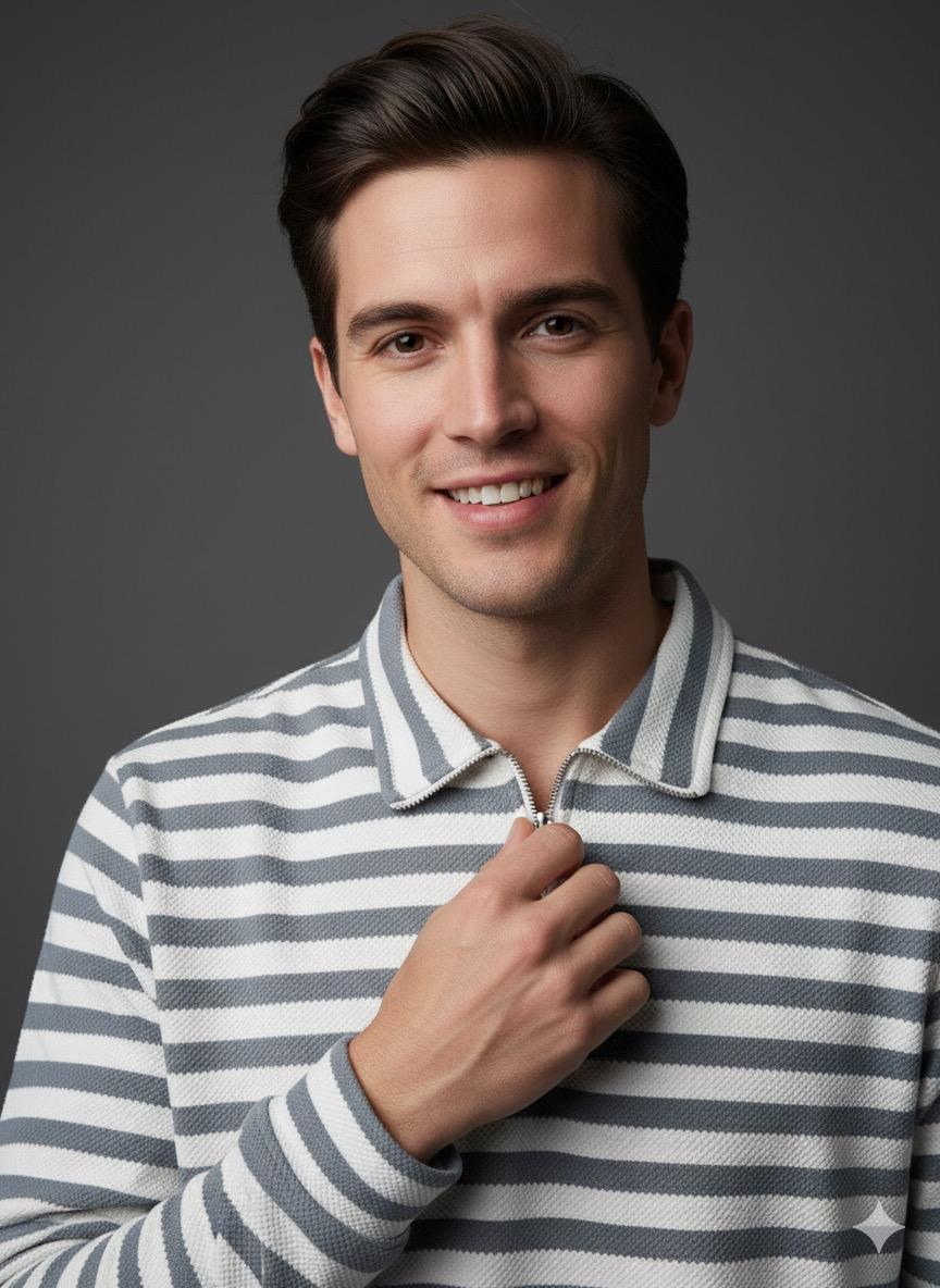 Old Money Men's Zipped Grey Striped Textured Sweat Shirt - button & threads