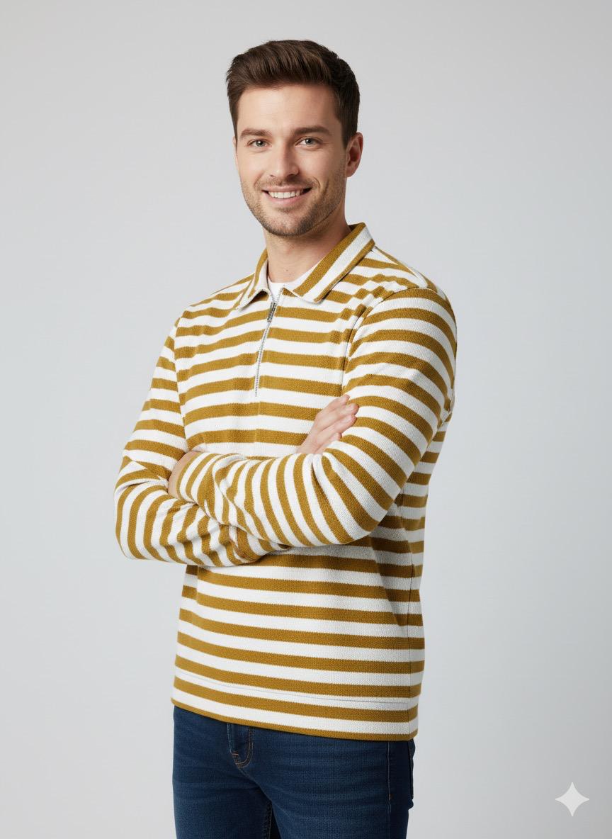 Old Money Men's Zipped Mustard Striped Textured Sweat Shirt - button & threads