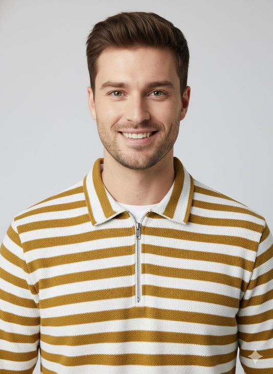 Old Money Men's Zipped Mustard Striped Textured Sweat Shirt - button & threads