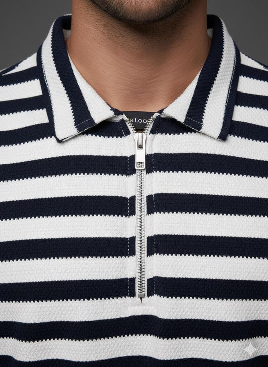 Old Money Men's Zipped NavyStriped Textured Sweat Shirt - button & threads
