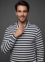 Old Money Men's Zipped NavyStriped Textured Sweat Shirt - button & threads