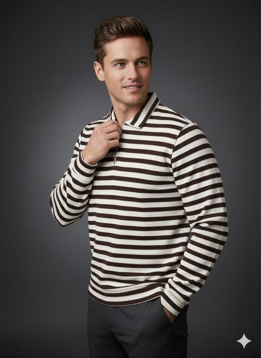 Old Money Men's Zipped BrownStriped Textured Sweat Shirt - button & threads