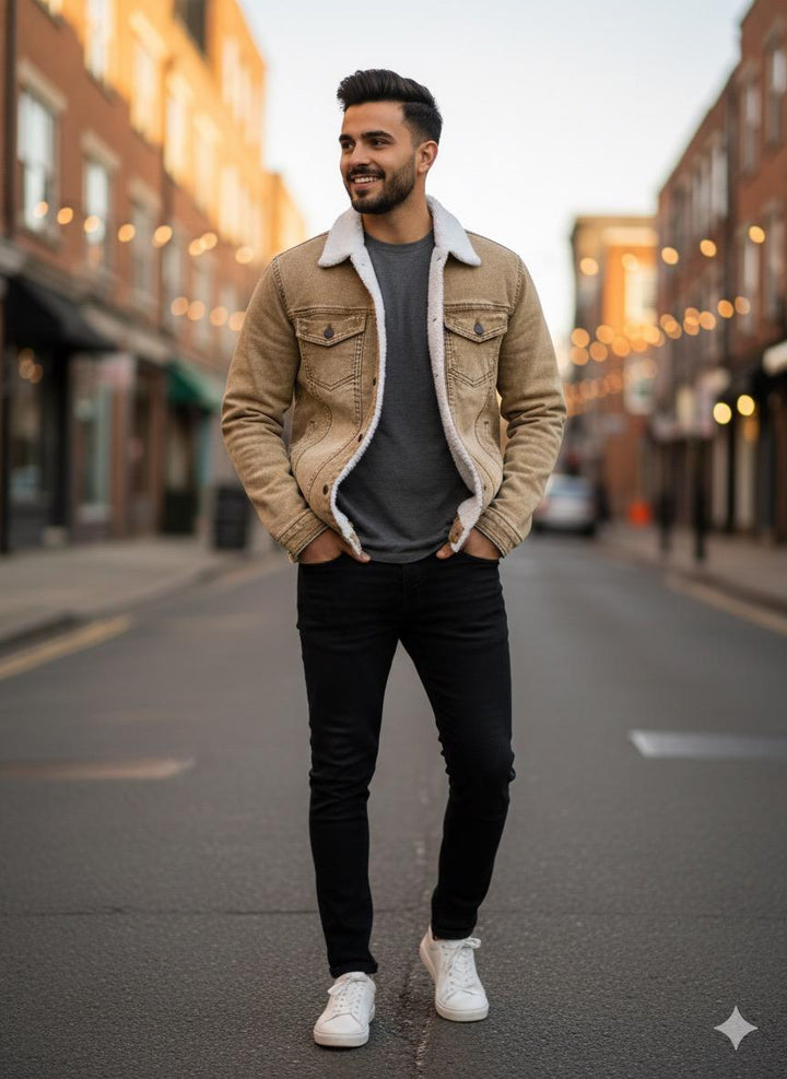 Denim Premium Light Brown Furr Jacket - button & threads