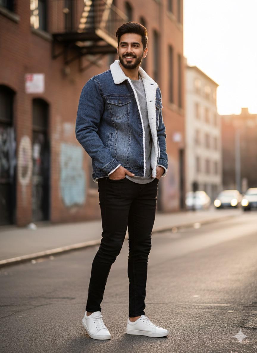 Denim Premium Navy Blue Furr Jacket - button & threads