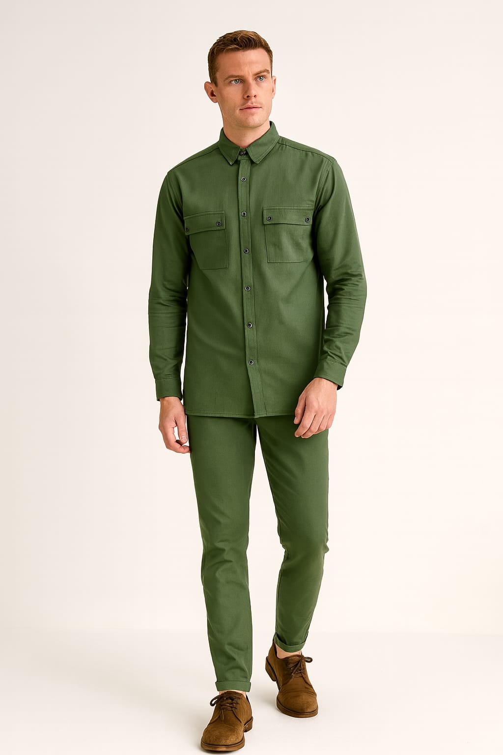Men Stretchable Safari Suit- Dark Olive Green - button & threads
