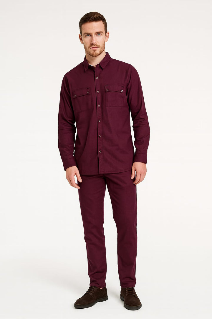Men Stretchable Safari Suit-Burgunday/Mehroon - button & threads