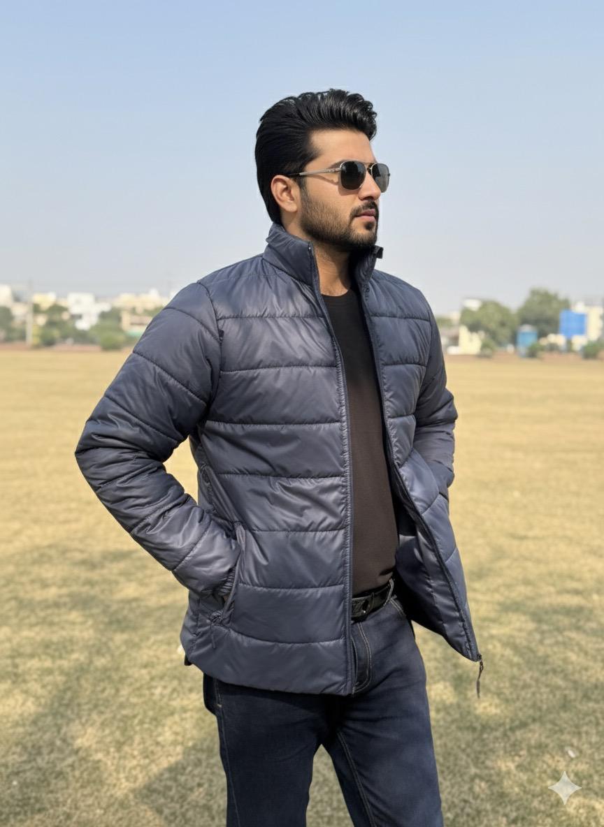 Men's Navy Blue Premium Full Sleeves Puffer Jacket - button & threads