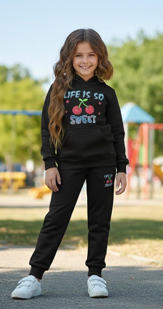 Button & Threads™ Girls Cherry Black Hoody Track Suit - button & threads