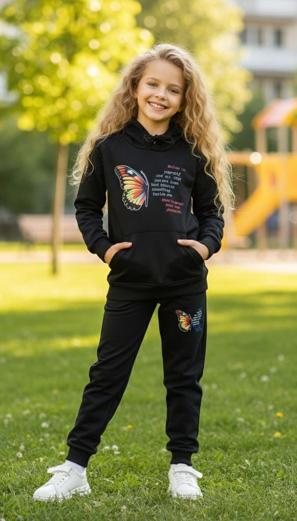 Button & Threads™ Girls Butterfly Black Hoody Track Suit - button & threads