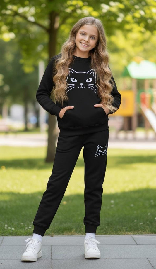 Button & Threads™ Boy/Girls Cat Print Black Track Suit