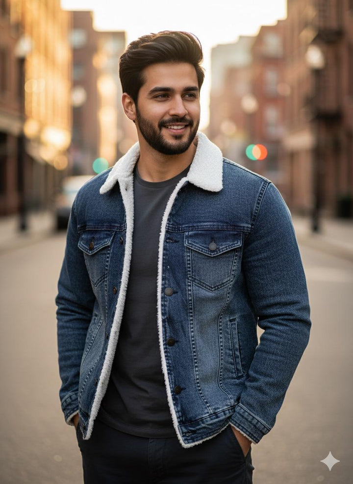 Denim Premium Navy Blue Furr Jacket - button & threads