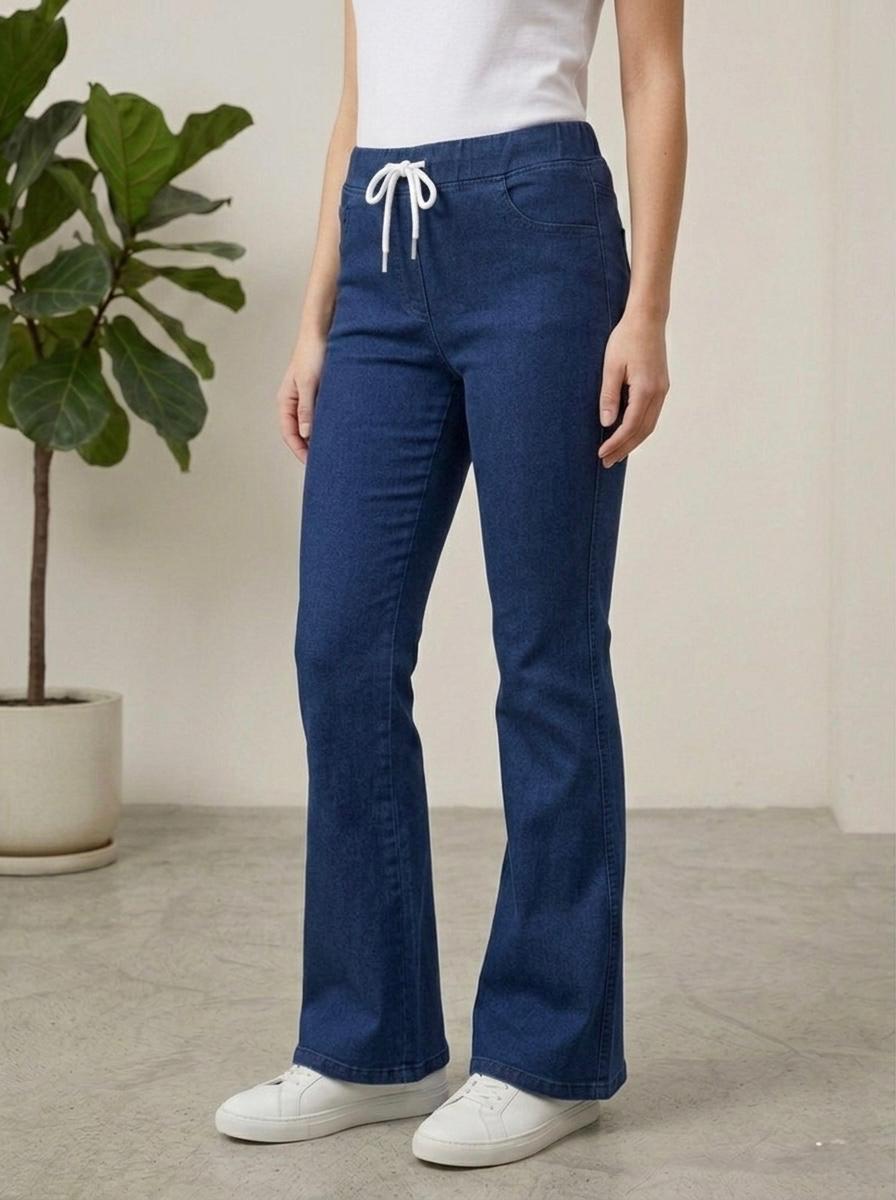 Woman Navy Blue Bell Bottom Jeans - button & threads