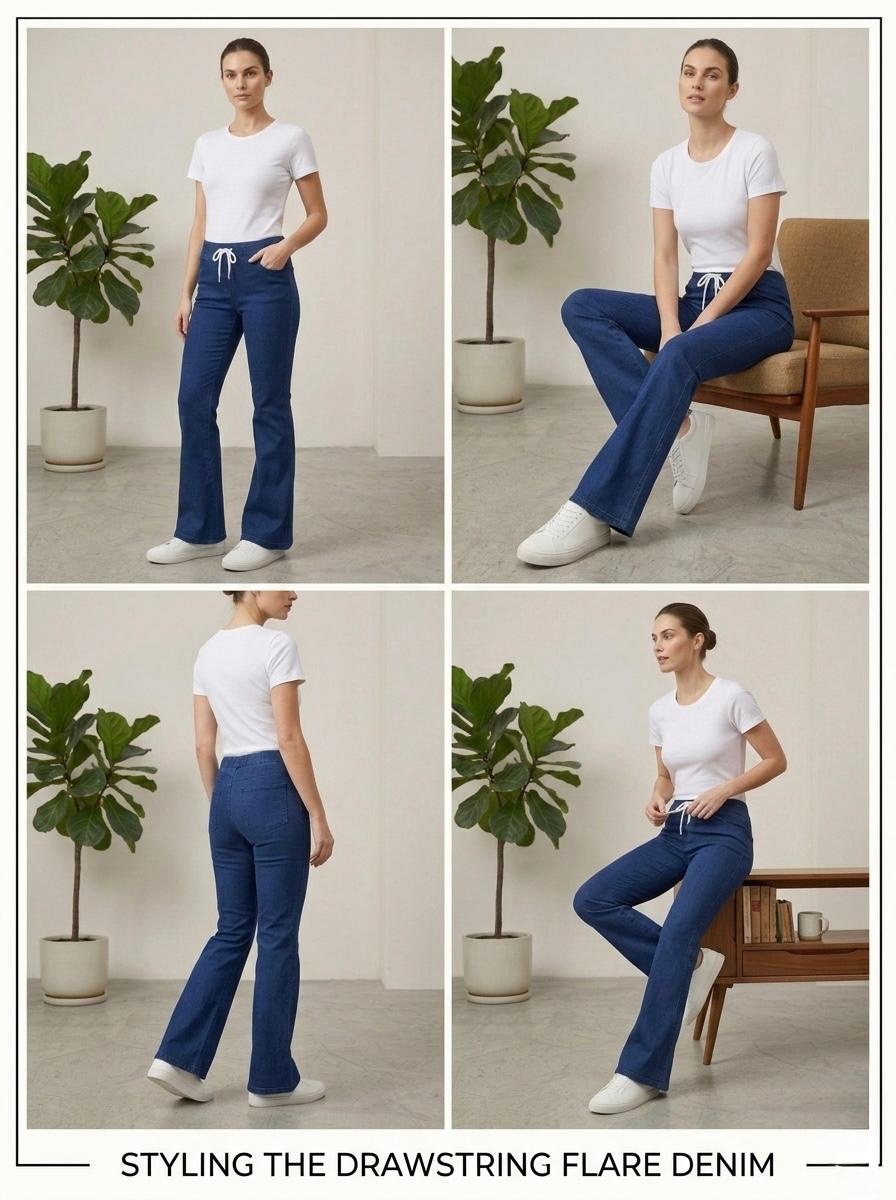 Woman Navy Blue Bell Bottom Jeans - button & threads