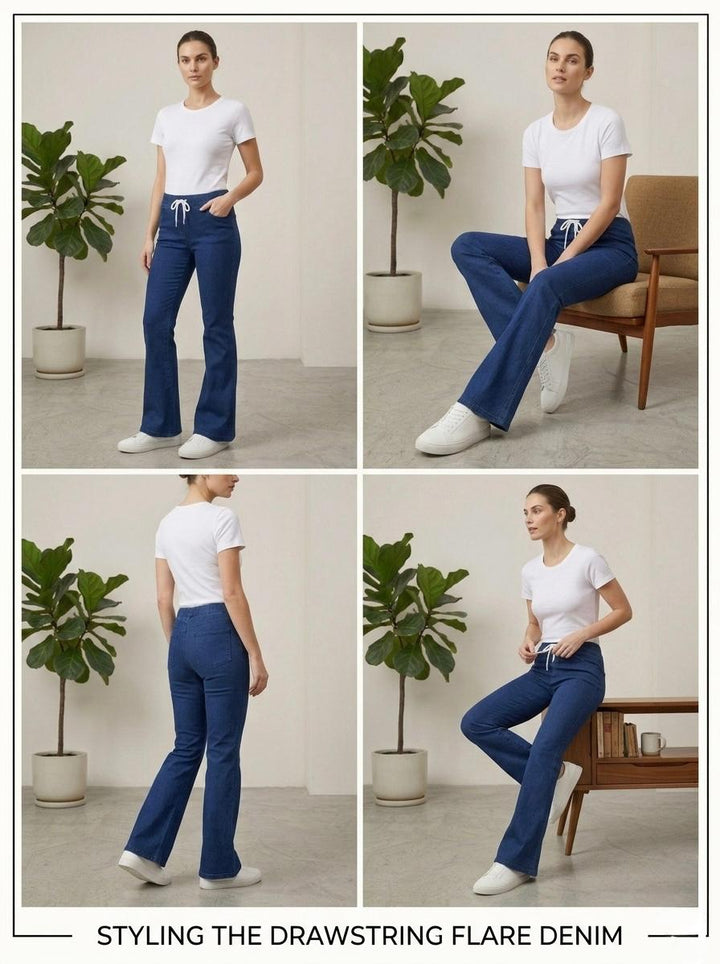 Woman Navy Blue Bell Bottom Jeans - button & threads