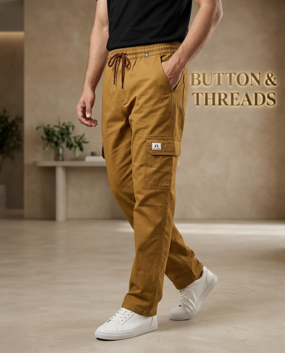 Men's Cotton Cargo Trousers-Mustard