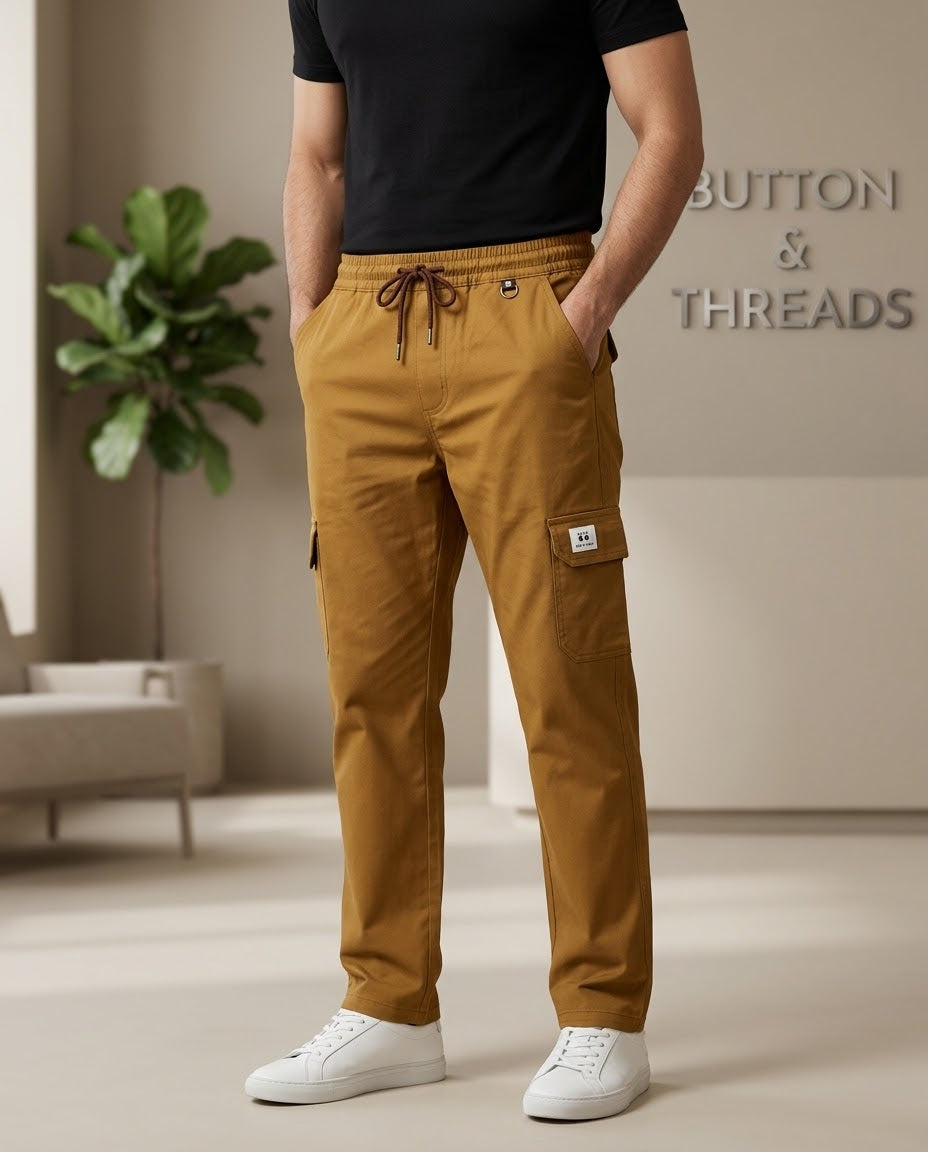 Men's Cotton Cargo Trousers-Mustard