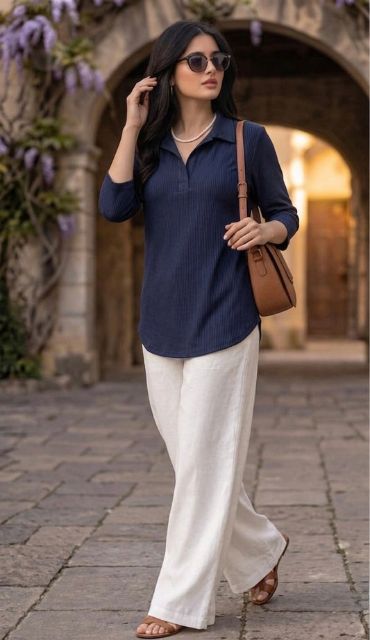Woman Premium Tops-Navy Blue - button & threads